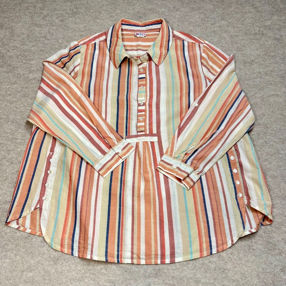 Vintage American‎ Sweetheart Women Sz XX Striped Henley Top Roll Tab Sleeve  EUC